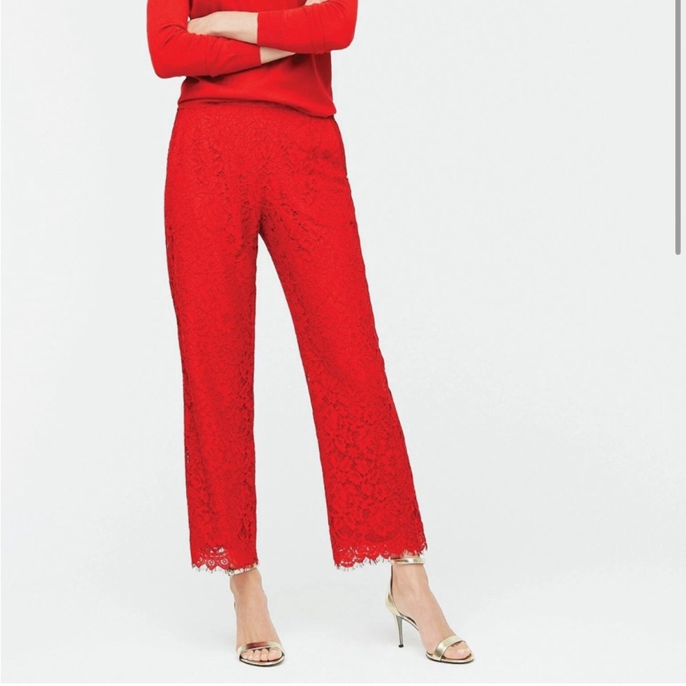 J crew Lace Crop pants red eyelash hem chantilly lace